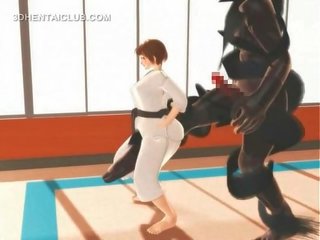 Hentaï karate jeune femme bâillonnement sur une massif manhood en 3d